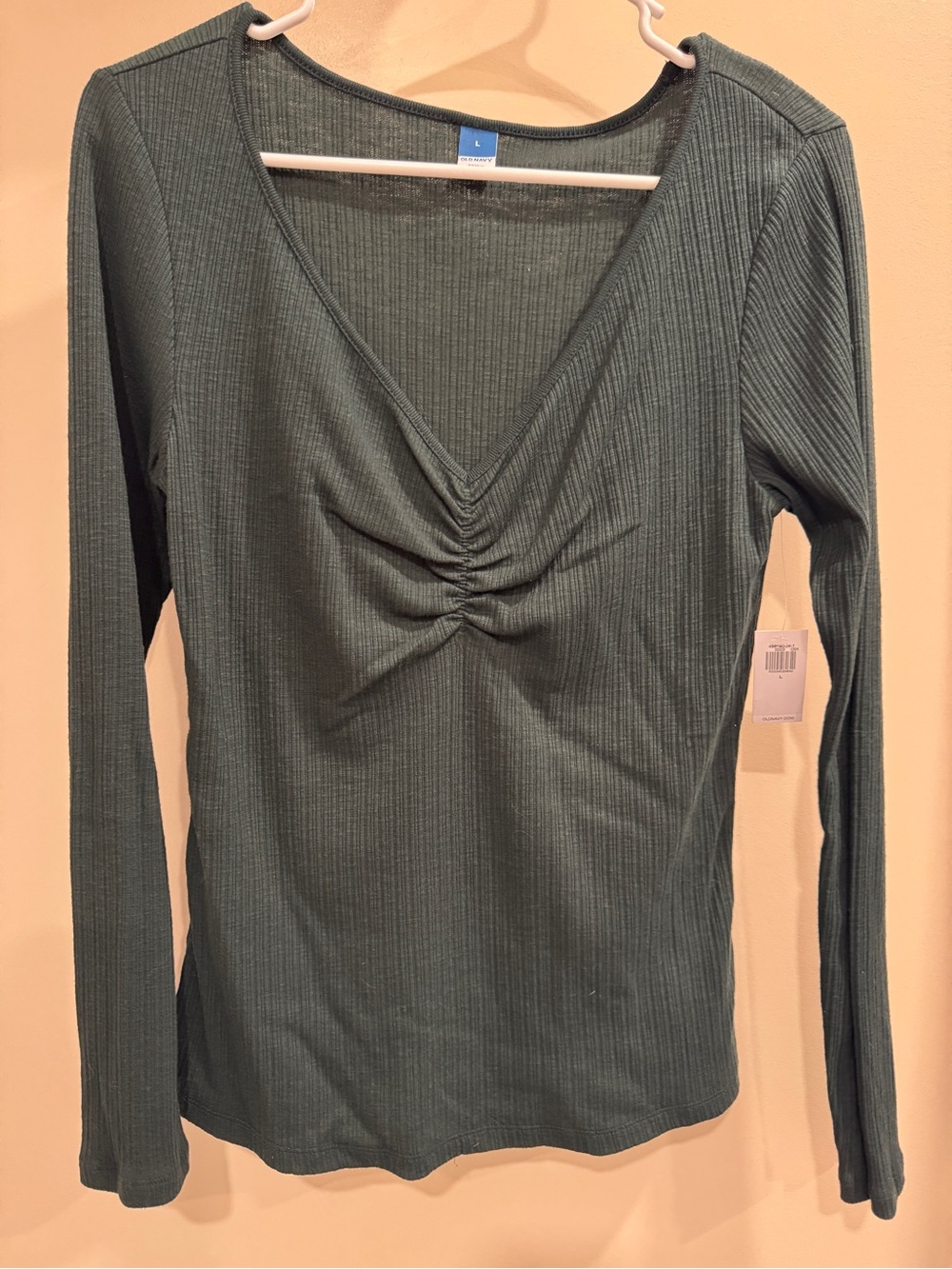 Old Navy Olive Green Ribbed Ruched V-Neck Long Sleeve Top